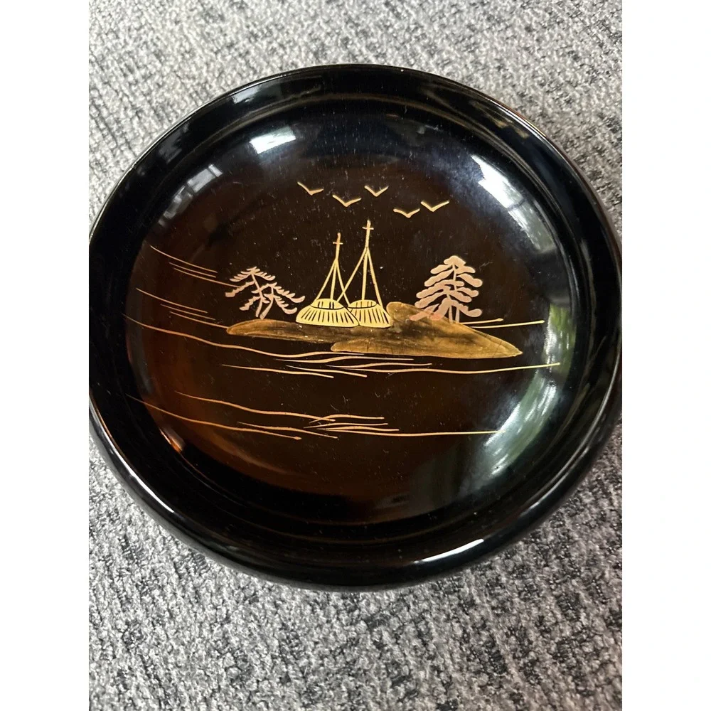 VTG Japanese Lacquerware Salad Bowls Set  of 6 Black Gold Landscape‎ Mt Fuji Art